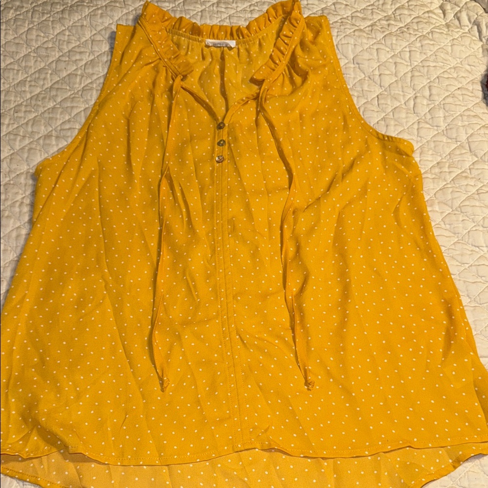 West K Sleeveless Ruffle Neck Polka Dot Tank Top - Mustard